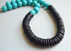 Aqua Blue Black Chunky Wood Long Beaded Statement Necklace - Elena