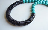 Aqua Blue Black Chunky Wood Long Beaded Statement Necklace - Elena