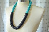 Aqua Blue Black Chunky Wood Long Beaded Statement Necklace - Elena