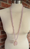 Pink Long Rose Quartz Stone Pendant Knotted Bead Necklace - Erin