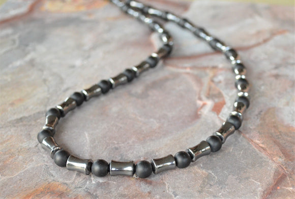 Mens Black Stone Gray Hematite Beaded Long Short Necklace Man Jewelry - Phoenix