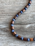 Wood Brown Blue Stone Beaded Mens Necklace - Terrance