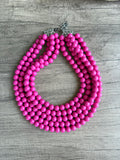 Bright Pink Acrylic Big Beaded Chunky Multi Strand Necklace - Alana