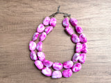 Pink White Lucite Beaded Multi Strand Chunky Statement Necklace - Pebbles