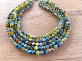 Green Blue Statement Beaded Chunky Faceted Stone Necklace - Tara
