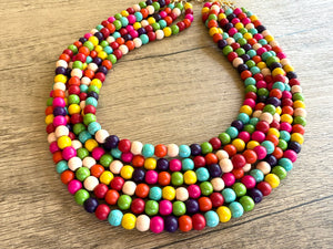 Multi Color Beaded Chunky Stone Multi Strand Statement Necklace - Michelle