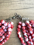 Red White Acrylic Beaded Chunky Multi Strand Statement Necklace - Alana