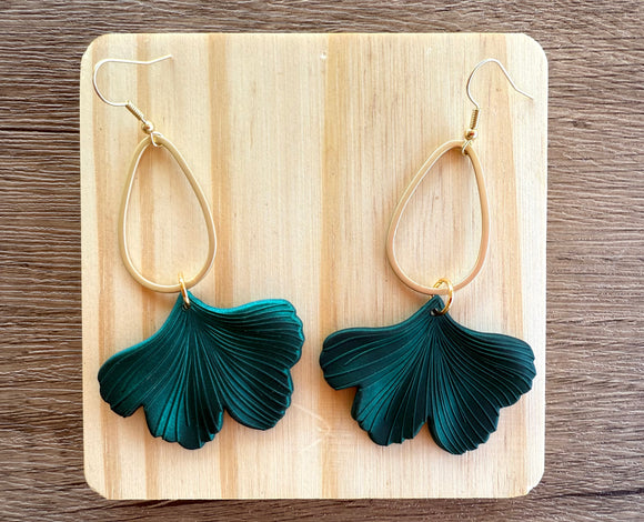 Dark Green Ginkgo Matte Leaf Lucite Petal Silver Big Statement Earrings - Avery
