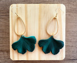 Dark Green Ginkgo Matte Leaf Lucite Petal Silver Big Statement Earrings - Avery