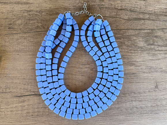 Periwinkle Blue Cube Beaded Multi Strand Statement Necklace - Cubist