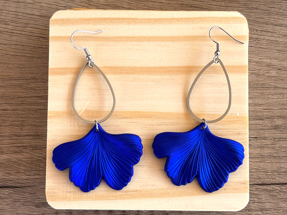Royal Blue Ginkgo Matte Leaf Lucite Petal Silver Big Statement Earrings - Avery