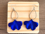 Royal Blue Ginkgo Matte Leaf Lucite Petal Silver Big Statement Earrings - Avery