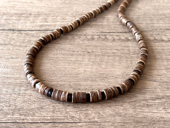 Wood Black Brown Mens Beaded Surfer Necklace - Dennis