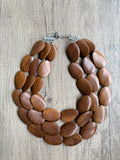 Brown Wood Beaded Boho Statement Chunky Multi Strand Necklace - Miranda