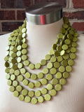 Olive Green Beaded Wood Multi Strand Chunky Statement Necklace - Charlotte