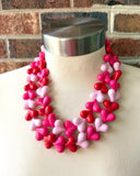 Pink Red Heart Acrylic Beaded Statement Necklace - Amore