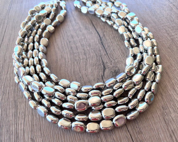 Silver Shiny Lucite Acrylic Beaded Multi Strand Chunky Statement Necklace - Lauren