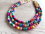 Multi Color Gold Beaded Multi Strand Wood Chunky Statement Necklace - Lisa