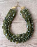 Olive Green Lucite Acrylic Beaded Multi Strand Chunky Statement Necklace - Lauren