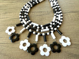 Black White Mod Flower Power Beaded Statement Necklace -Daisy