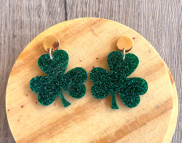 St Patrick’s Day Shamrock 3 Leaf Clover Dangle Statement Earings
