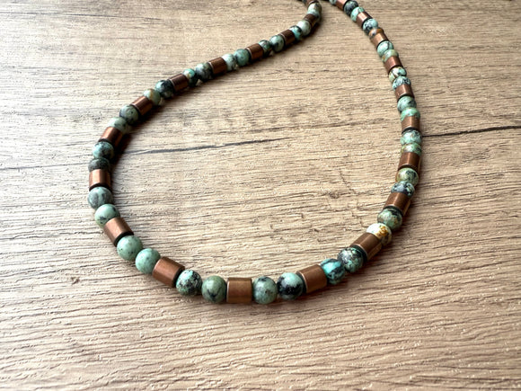 Green Turquoise Copper Stone Mens Beaded Necklace - Rowan