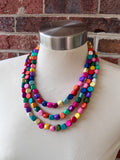 Multi Color Gold Beaded Multi Strand Wood Chunky Statement Necklace - Lisa