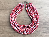 Red White Acrylic Beaded Chunky Multi Strand Statement Necklace - Alana