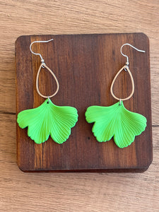 Green Ginkgo Matte Leaf Lucite Petal Big Statement Earrings - Avery