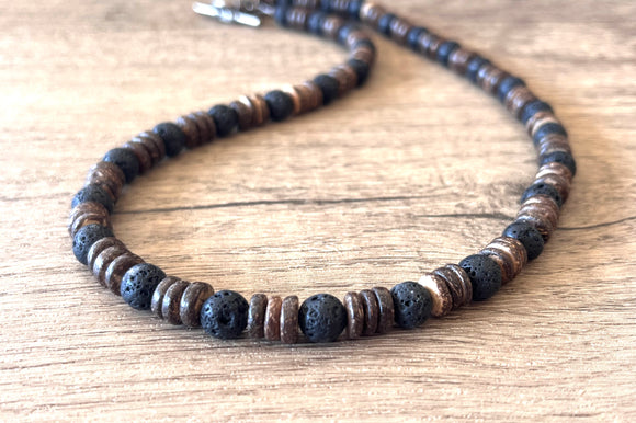 Mens Black Brown Wood Lava Rock Beaded Surfer Long Short Necklace