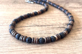 Mens Black Brown Wood Lava Rock Beaded Surfer Long Short Necklace