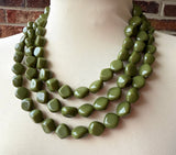 Olive Green Lucite Acrylic Beaded Chunky Multi Strand Statement Necklace - Julianna