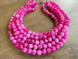 Fuchsia Pink White Acrylic Lucite Big Bead Chunky Multi Strand Necklace - Alana