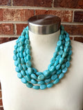 Turquoise Blue Acrylic Beaded Multi Strand Statement Necklace -