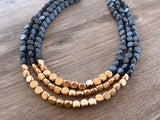 Gray Gold Beaded Multi Strand Wood Chunky Statement Necklace - Lisa