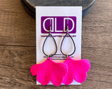 Hot Pink Ginkgo Matte Leaf Lucite Petal Silver Big Statement Earrings - Avery