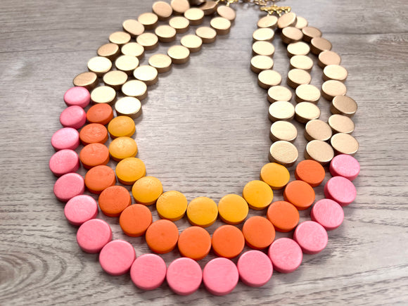 Orange Pink Yelllow Gold Wood Beaded Statement Chunky Multi Strand Necklace - Regan