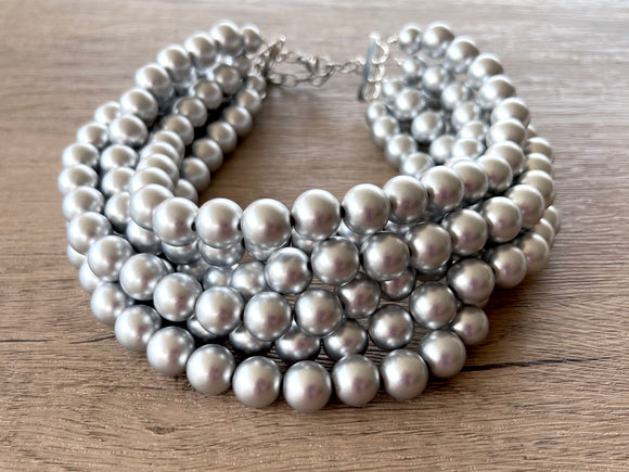 Silver Choker Matte Big Beaded Acrylic Chunky Multi Strand Statement Necklace - Alana