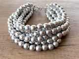 Silver Choker Matte Big Beaded Acrylic Chunky Multi Strand Statement Necklace - Alana