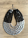 Black Silver Wood Beaded Statement Chunky Multi Strand Necklace - Regan