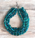 Teal Green Blue Beaded Lucite Chunky Multi Strand Statement Necklace - Lauren