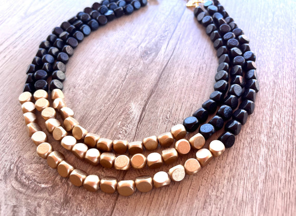 Black Gold Beaded Multi Strand Wood Chunky Statement Necklace - Lisa