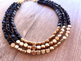 Black Gold Beaded Multi Strand Wood Chunky Statement Necklace - Lisa
