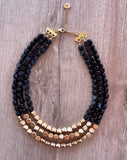 Black Gold Beaded Multi Strand Wood Chunky Statement Necklace - Lisa