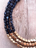 Black Gold Beaded Multi Strand Wood Chunky Statement Necklace - Lisa