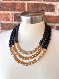 Black Gold Beaded Multi Strand Wood Chunky Statement Necklace - Lisa