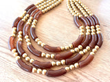 Brown Gold Acrylic Bead Multi Strand Statement Necklace - Tanya