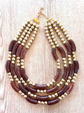 Brown Gold Acrylic Bead Multi Strand Statement Necklace - Tanya