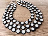 Black White Resin Beaded Multi Strand Chunky Statement Necklace - Charlotte