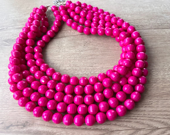 Hot Pink Faceted Acrylic Lucite Big Bead Chunky Multi Strand Necklace - Angelina